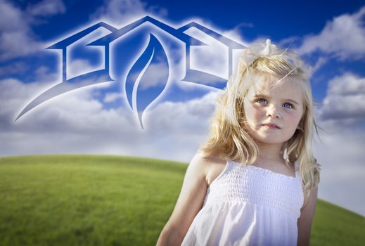 Adorable Blue Eyed Girl Playing Outside with Ghosted Green House Graphic in The Blue Sky.