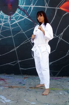 A beautiful young girl wearing a traditional martial arts uniform stands ready in front of a graffiti spider on his web.