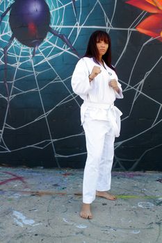 A beautiful young girl wearing a traditional martial arts uniform stands ready in front of a graffiti spider on his web.