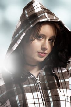 beautiful portrait of young woman wearing hoody