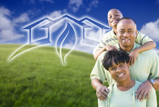 Happy African American Family and Green House Graphic in Grass Field.