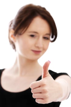 young pretty woman in black shirt shows thumb up