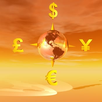 Compass to dollar, yen, euro and sterling currencies with the earth in the middle and in golden byckground