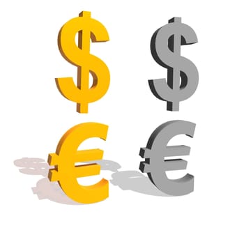 Golden and silver symbols of dollar and euro in white background