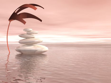 Balanced white stones upon the ocean and under a covering plant in a pink background