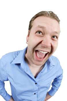 Fisheye photo of a very happy man in his late 20's, over a white background.