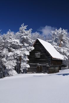 Mountain house in snow, winter sunny day