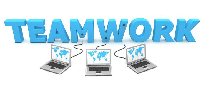 three laptops with a worldmap are connected to the 3D word TEAMWORK