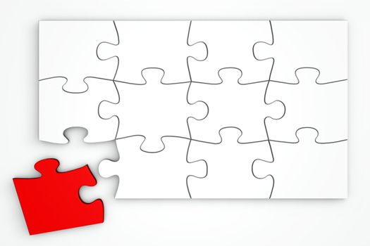 white puzzle template with a separate red piece next to it - top view