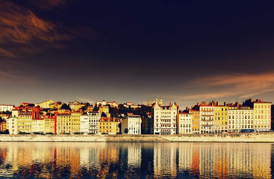 Panoramic view of Lyon and Saone River in sunset