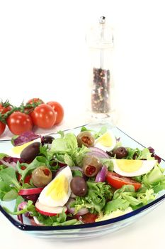 Chief salad with egg, olives, tomatoes, onions, radishes and leaf salad