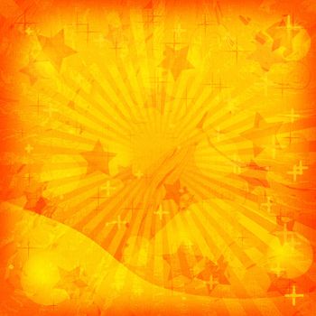 Abstract orange background, pattern with rays and star on a linen canvas