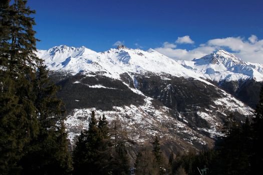 Winter snowy landscape and view on the Alps with fir trees by beautiful weather, Switzerland