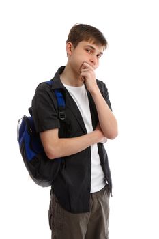 A male teenage student wearing casual clothes and carrying a backpack, is thinking, analysing or making a decision.  White background.