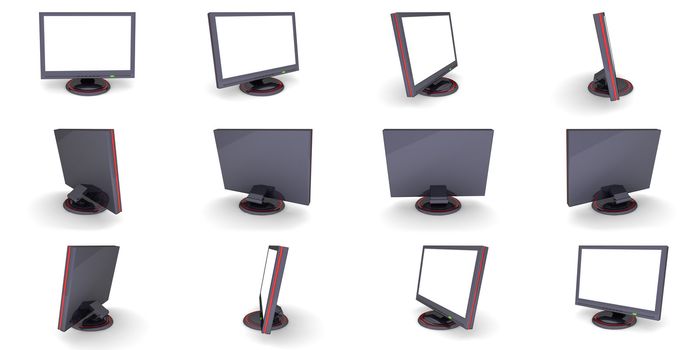 black glossy flat screen lcd computer monitor with a white desktop, green status led and red decoration line - 12 views, 360 degrees