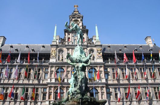 International flags on City Hall of Antwerp, Belgium