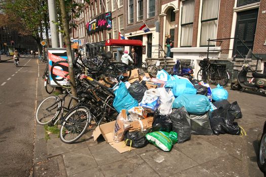 Pile of garbage in the street after strike of garbage collection service in amsterdam