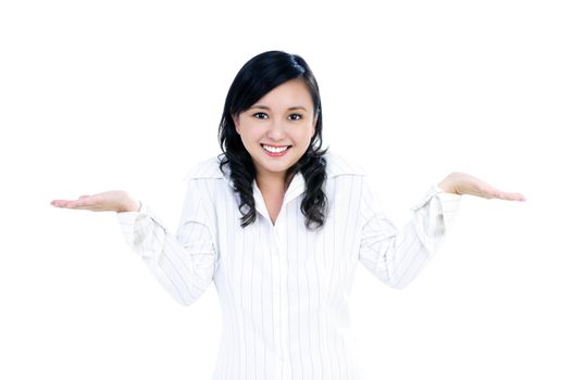 Portrait of a beautiful young businesswoman with her arms outstretched, isolated on white.