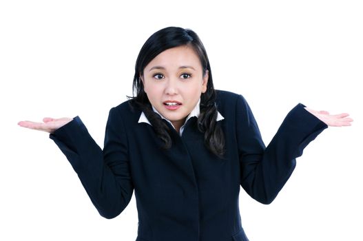 Portrait of a beautiful businesswoman showing unbeknown gesture, over white background.