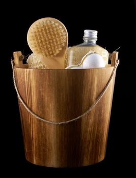 Wooden bucket with relaxing things.