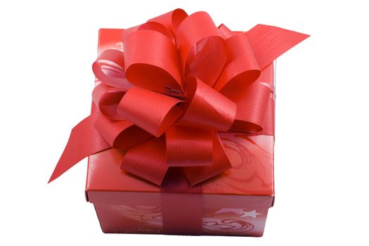 a red present with a red ribbon isolated on the white background