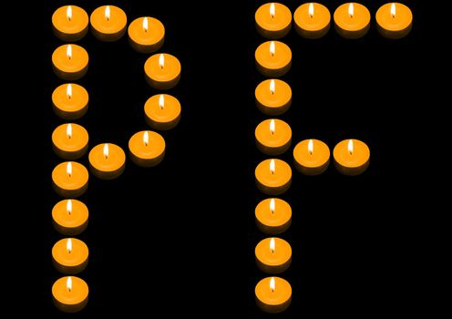a group of burning candles forming "PF" on the black background