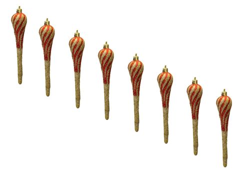 a row of christmas ornaments isolated on the white background