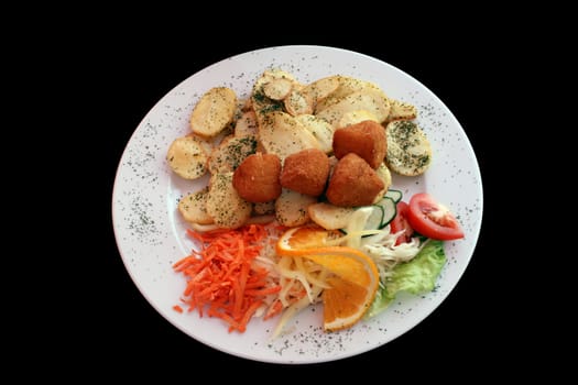 fried cheese with baked potatoes - main course - isolated