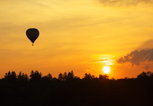 Sunset over the forest and flying balloons. Forest and balloon as dark shadows on the orange sky of sunset.