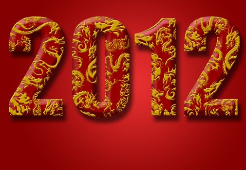 2012 Number with Chinese Year of the Dragon Design Red Background