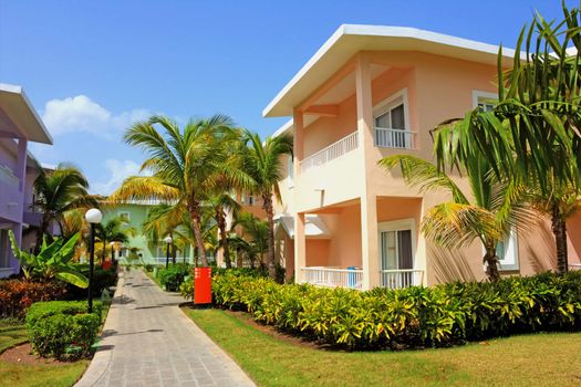 Luxury caribbean resort with beautiful manicured gardens
