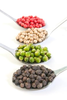 Four kinds of peppercorns in spoons isolated on white background