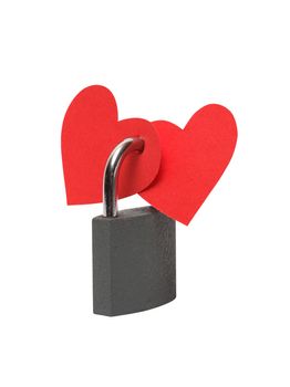 Two red paper hearts constrained with padlock. Isolated on white with clipping path