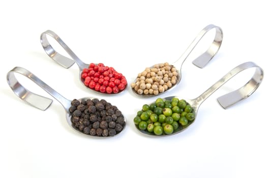 Four kinds of peppercorns in spoons isolated on white background