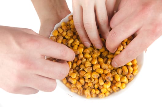 fried corn with hands isolated on a white background