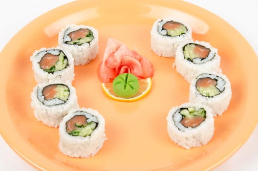 Closeup japanese sushi set at plate on a white