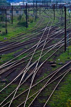 Aerial view of a railroad track junction
