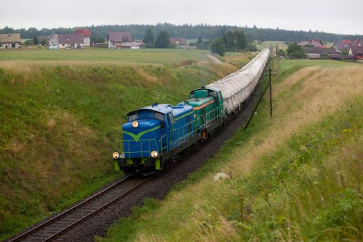 Freight train hauled by the diesel locomotives passing the forest
