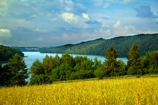 Summer landscape at the lake and hilly forest
