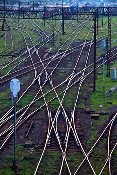 Aerial view of a railroad track junction
