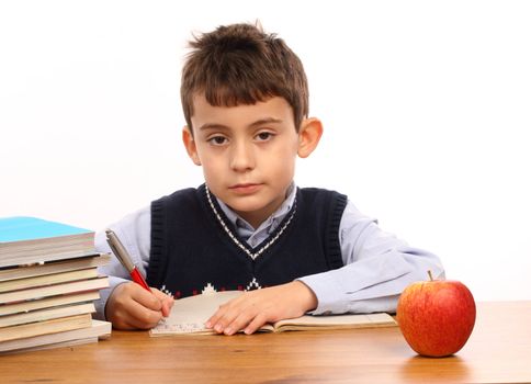 A young schoolboy write his homework