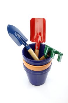 Set of gardening tools and pots