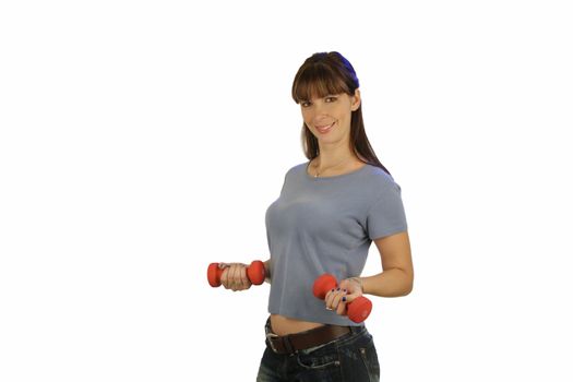 A lovely young brunette wearing casual attire, holds a pair of hand weights.