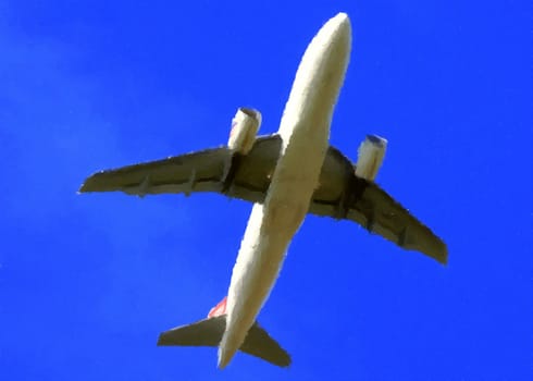 A plane just after take off, flying overhead