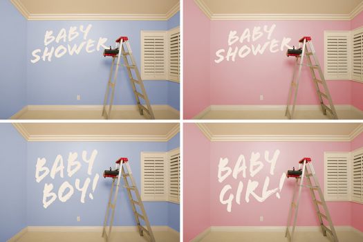 Maternity Series of Pink And Blue Empty Rooms with Ladder and Paint Supplies - XXXL.