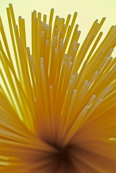Uncooked spaghetti detail on yellow background.
