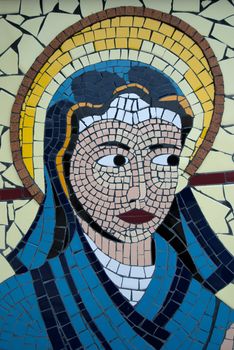 Virgin Mary Mosaic made of glazed ceramic tiles.