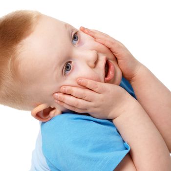 The little boy emotionally grabbed hold of the face isolated on white background