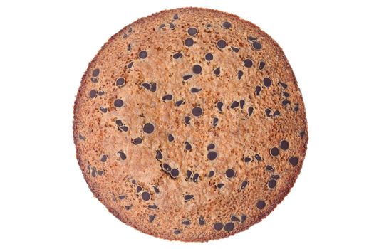 Upper view of a specific round French cake with chocolate isolated against a white background.