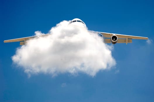 Plane is flying through a cloud.